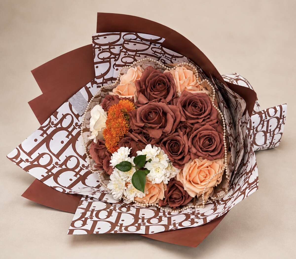 Cashmere brown and peach rose bouquet